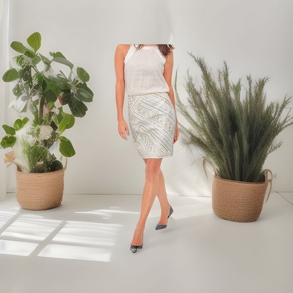 White House Black Market SkirtCream/Gold/Silver Size 12 NWT